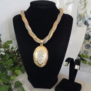 Tricolor Twist Mesh Necklace with Greek Key CZ Oval Pendant and Earrings Set